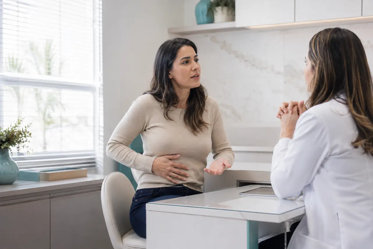 Consulta médica sobre sintomas relacionados à parede abdominal